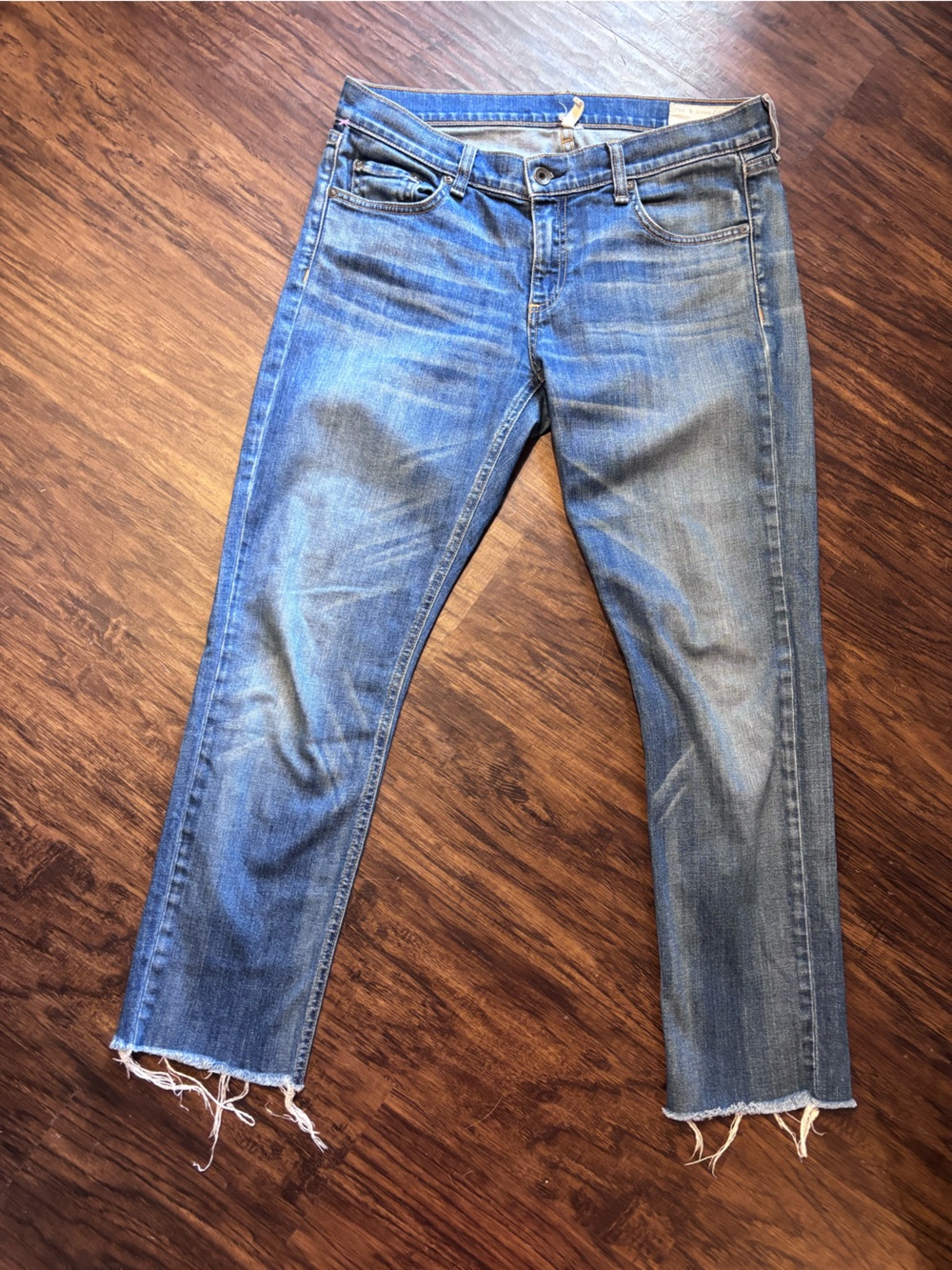 rag & bone Mid-Blue Cropped Jeans with Frayed Hem